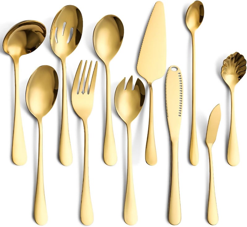 Dadamong 11Piece Serving Utensil Set Stainless Steel Modern Flatware Serving Set Serving Spoons Fork Knife Ladle Tableware Cutlery for Home Restaurant Buffet Party Gold - Image 1