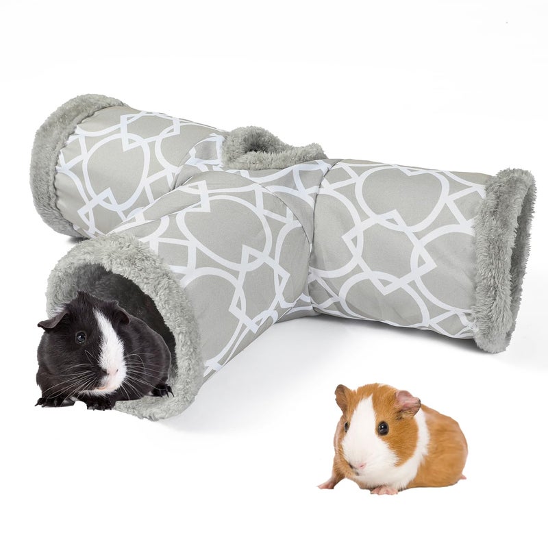 LUCKITTY Plush Inside 3-Way Shape Small Animals Tube Tunnel with Interactive Ball for Guinea Pig, Hamster, Chinchilla, Hedgehog Hiding and Resting, Geometric Grey - Image 1