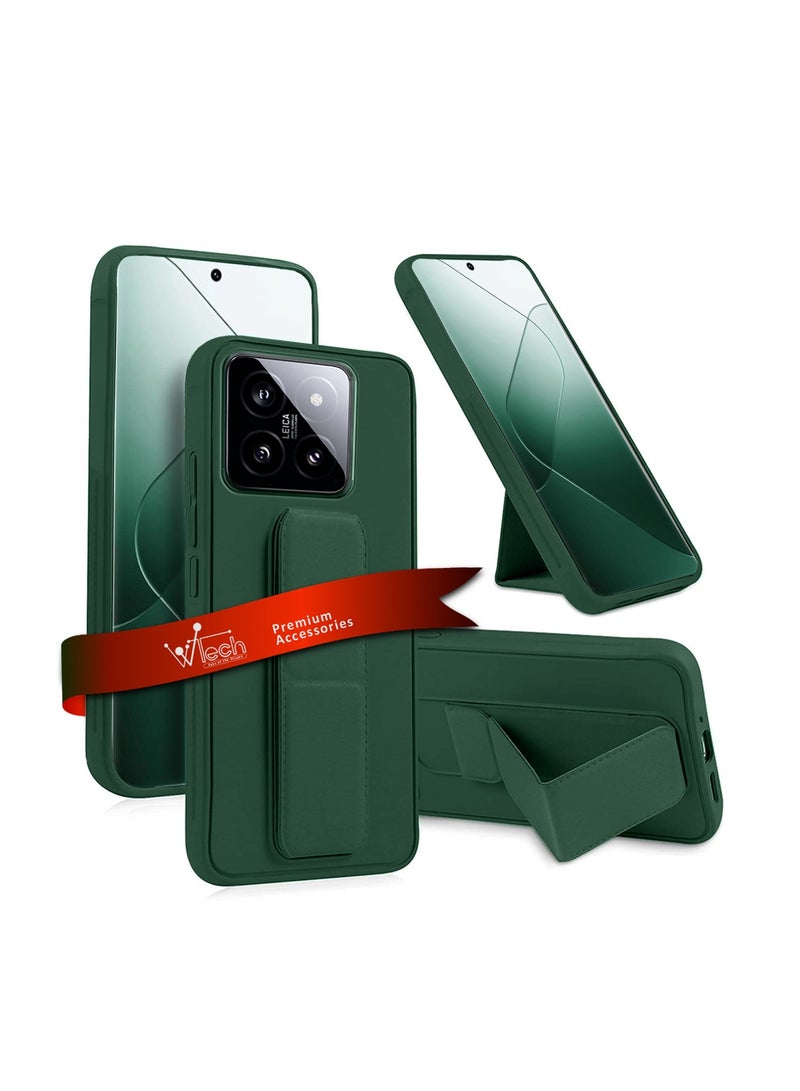 دبليو تيك Xiaomi 14 Pro 5G 2023 قبضة يد قابلة للطي بمسند مغناطيسي وحزام معصم وقبضة إصبع مع غطاء علبة حديد مدمج أخضر داكن - Image 1