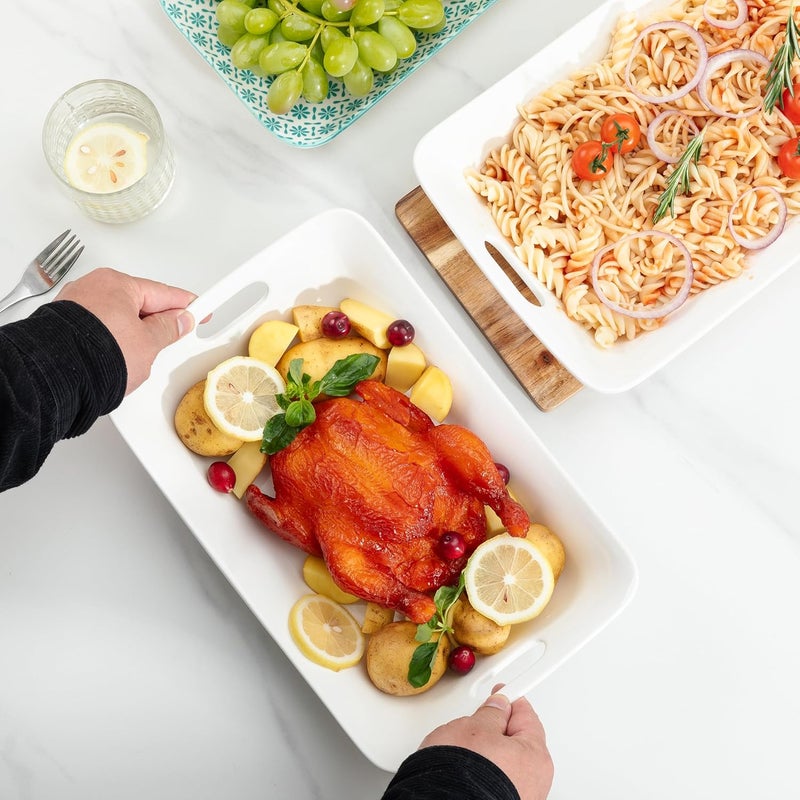 LEHAHA Large Serving Bowls with Handles Set of 2 White Porcelain Bowl Set Durable Ceramic Salad Bowls 2 Quarts Rectangular Serving Platter for Turkey Fruit Salad Serving Dishes for Entertaining - Image 2