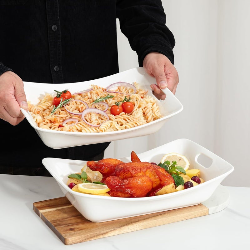 LEHAHA Large Serving Bowls with Handles Set of 2 White Porcelain Bowl Set Durable Ceramic Salad Bowls 2 Quarts Rectangular Serving Platter for Turkey Fruit Salad Serving Dishes for Entertaining - Image 3