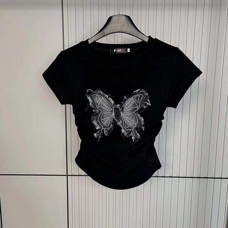 Butterfly pleated shoulder T-shirt summer new style waist easy to match slim short-sleeved T-shirt women's elephant top chiffon (black size M)