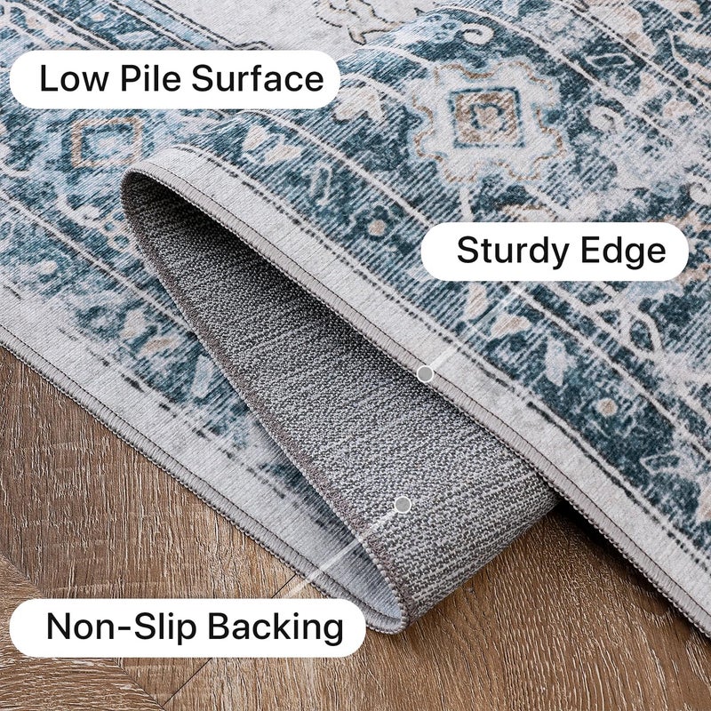 GENIMO 8x10 Area Rugs for Living Room, Machine Washable Non Slip Vintage Rugs, Low Pile Lightweigt Chenille Print Indoor Rug for Bedroom, Dining Room, Home Office, Blue - Image 5