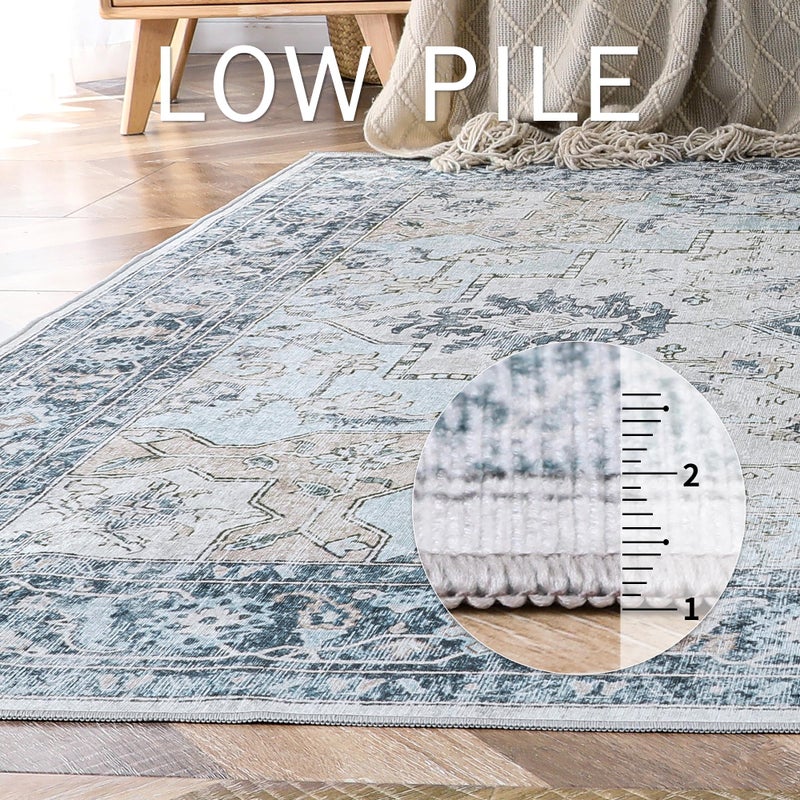 GENIMO 8x10 Area Rugs for Living Room, Machine Washable Non Slip Vintage Rugs, Low Pile Lightweigt Chenille Print Indoor Rug for Bedroom, Dining Room, Home Office, Blue - Image 4