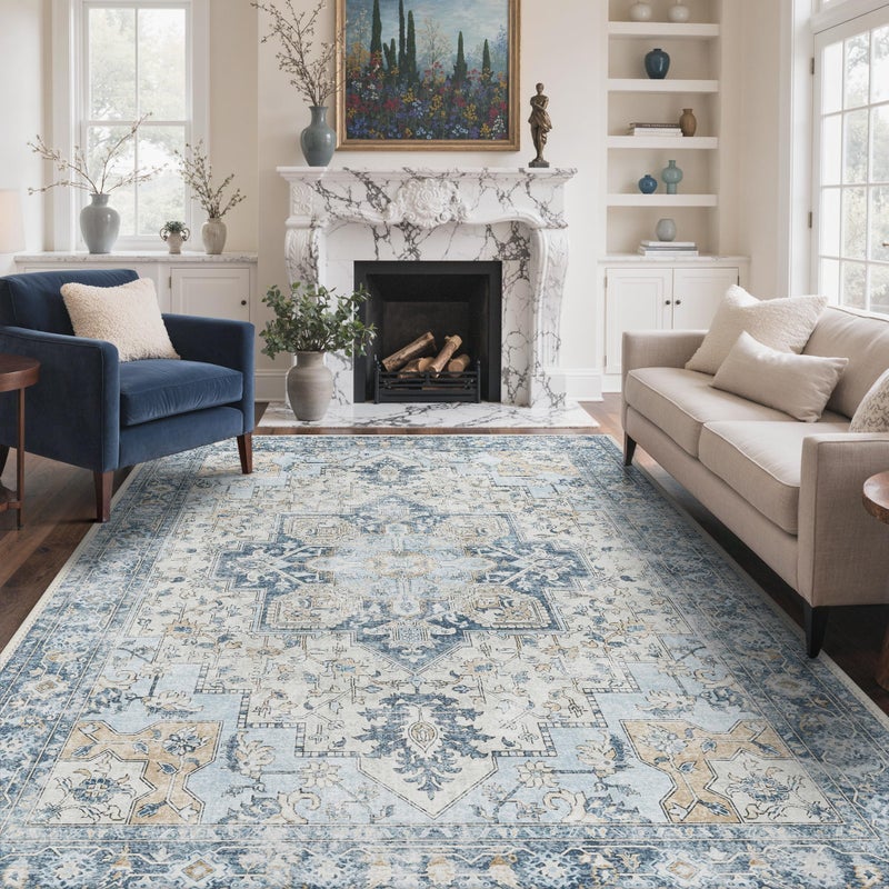 GENIMO 8x10 Area Rugs for Living Room, Machine Washable Non Slip Vintage Rugs, Low Pile Lightweigt Chenille Print Indoor Rug for Bedroom, Dining Room, Home Office, Blue - Image 1