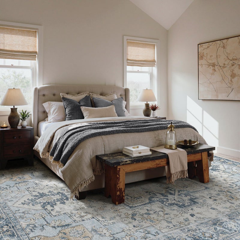 GENIMO 8x10 Area Rugs for Living Room, Machine Washable Non Slip Vintage Rugs, Low Pile Lightweigt Chenille Print Indoor Rug for Bedroom, Dining Room, Home Office, Blue - Image 2