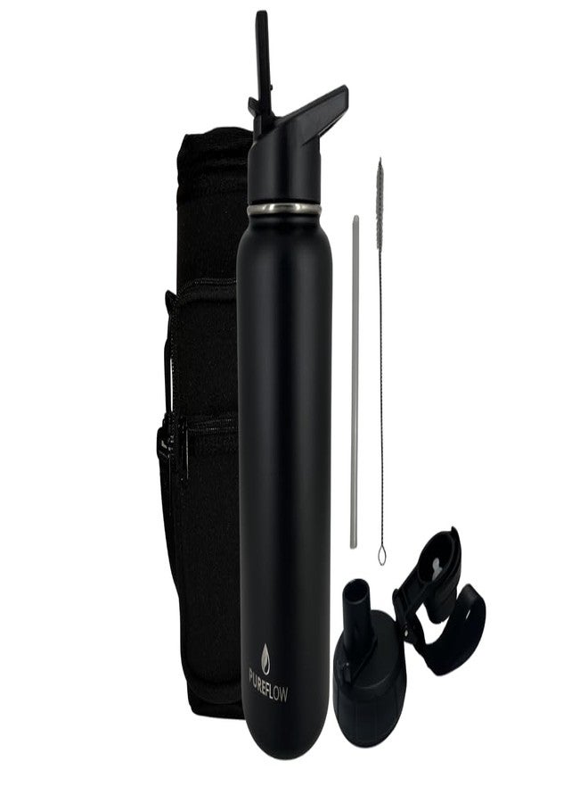 Pureflow 32oz Insulated Stainless Steel Water Bottle With 2 Leakproof Lids, Carrying Pouch, Double Wall Vacuum, BPA Free, Wide Mouth, Ideal for Gym, Fitness, Sports, Travel & Outdoors - Image 1