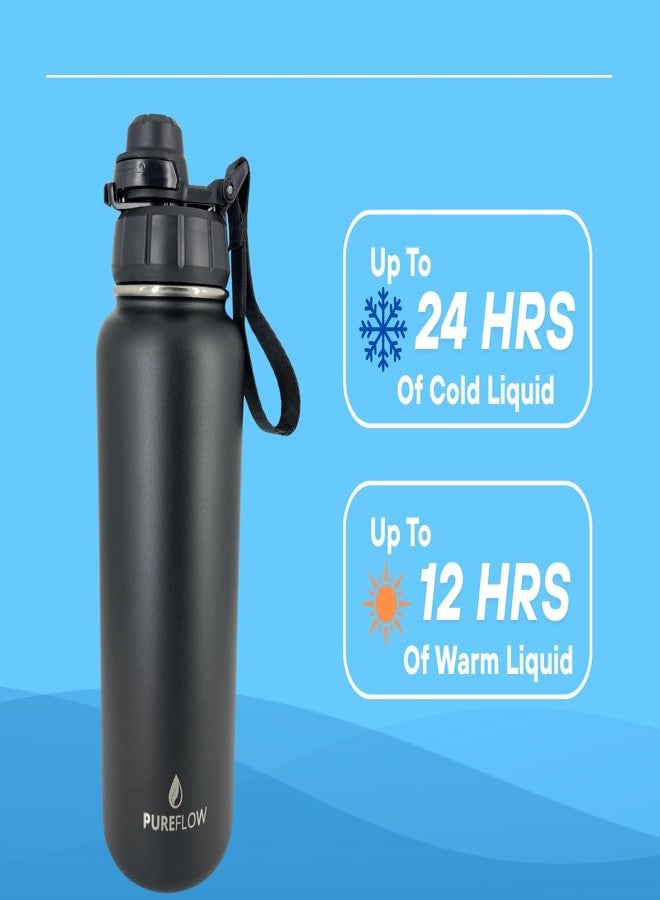 Pureflow 32oz Insulated Stainless Steel Water Bottle With 2 Leakproof Lids, Carrying Pouch, Double Wall Vacuum, BPA Free, Wide Mouth, Ideal for Gym, Fitness, Sports, Travel & Outdoors - Image 3