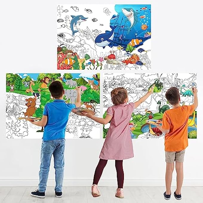 3 SET JUMBO GIANT COLORING POSTER 45 X 31.5 INCH LARGE TABLE WALL COLORING SHEETS WITH ZOO ANIMAL, OCEAN CREATURE, DINOSAUR THEME HUGE GIANT COLORING PAGES POSTER FOR ART ACTIVITY - Image 2