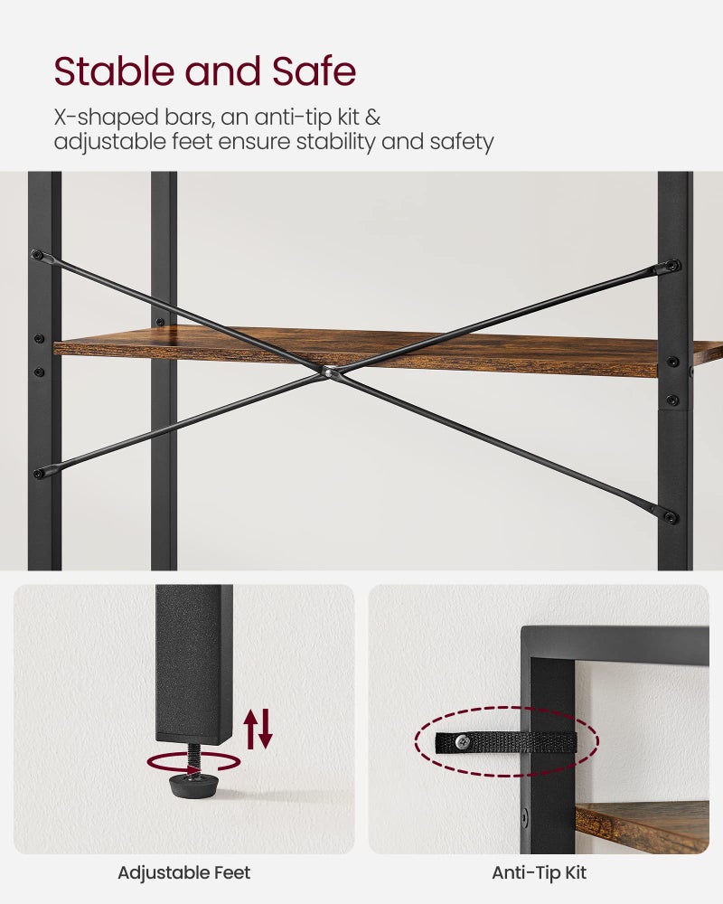 VASAGLE 5-Tier Bookshelf, Bookcase with Steel Frame, Book Shelf for Living Room, Home Office, Study, 11.8 x 26 x 60.2 Inches, Industrial Style, Rustic Brown and Ink Black ULLS061B01 - Image 4