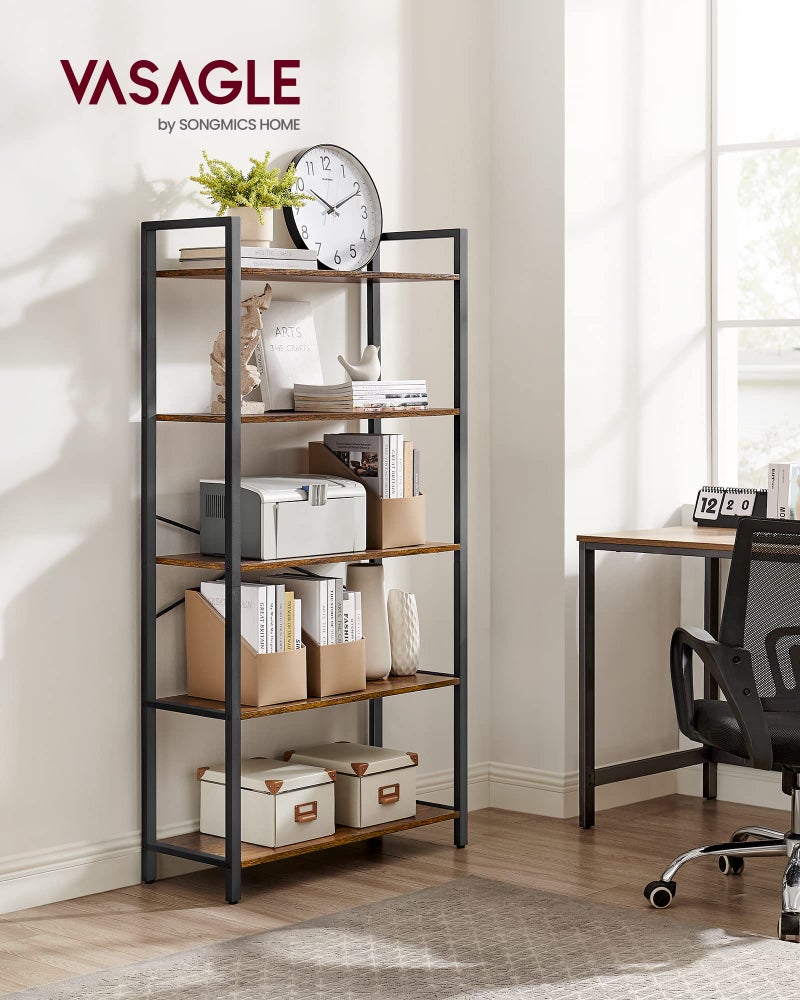 VASAGLE 5-Tier Bookshelf, Bookcase with Steel Frame, Book Shelf for Living Room, Home Office, Study, 11.8 x 26 x 60.2 Inches, Industrial Style, Rustic Brown and Ink Black ULLS061B01 - Image 2