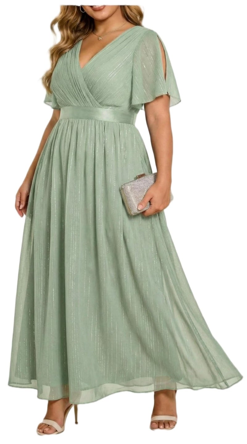Talisea Plus Size Bridesmaid Dresses Chiffon Sage Green Wedding Guest Cocktail Short Sleeve V Neck A-Line Floor Length Dress - Image 1