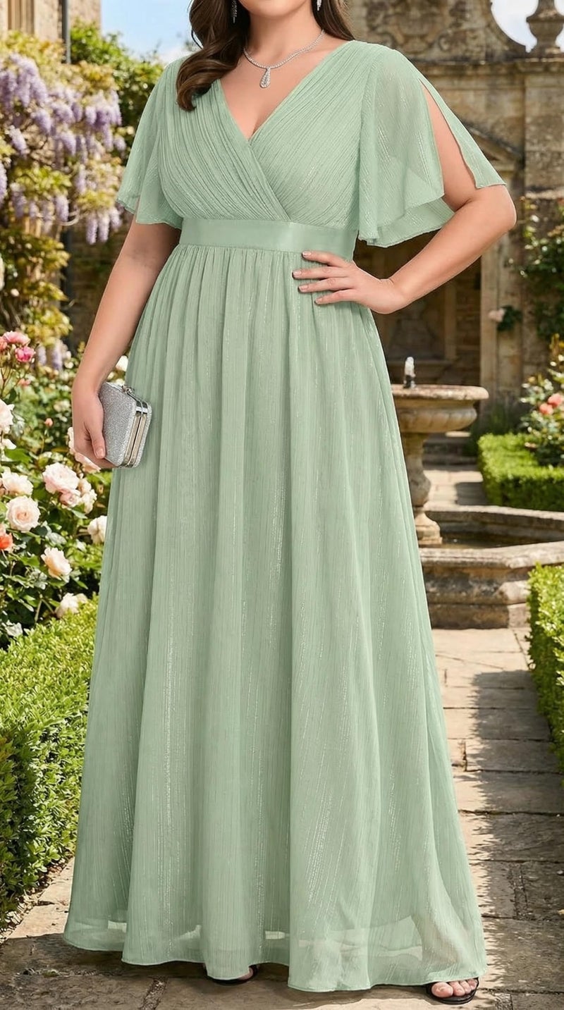 Talisea Plus Size Bridesmaid Dresses Chiffon Sage Green Wedding Guest Cocktail Short Sleeve V Neck A-Line Floor Length Dress - Image 2