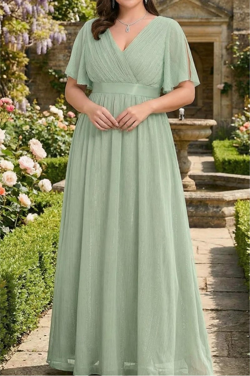 Talisea Plus Size Bridesmaid Dresses Chiffon Sage Green Wedding Guest Cocktail Short Sleeve V Neck A-Line Floor Length Dress - Image 4