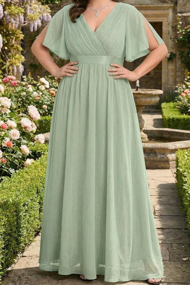 Talisea Plus Size Bridesmaid Dresses Chiffon Sage Green Wedding Guest Cocktail Short Sleeve V Neck A-Line Floor Length Dress - Image 3
