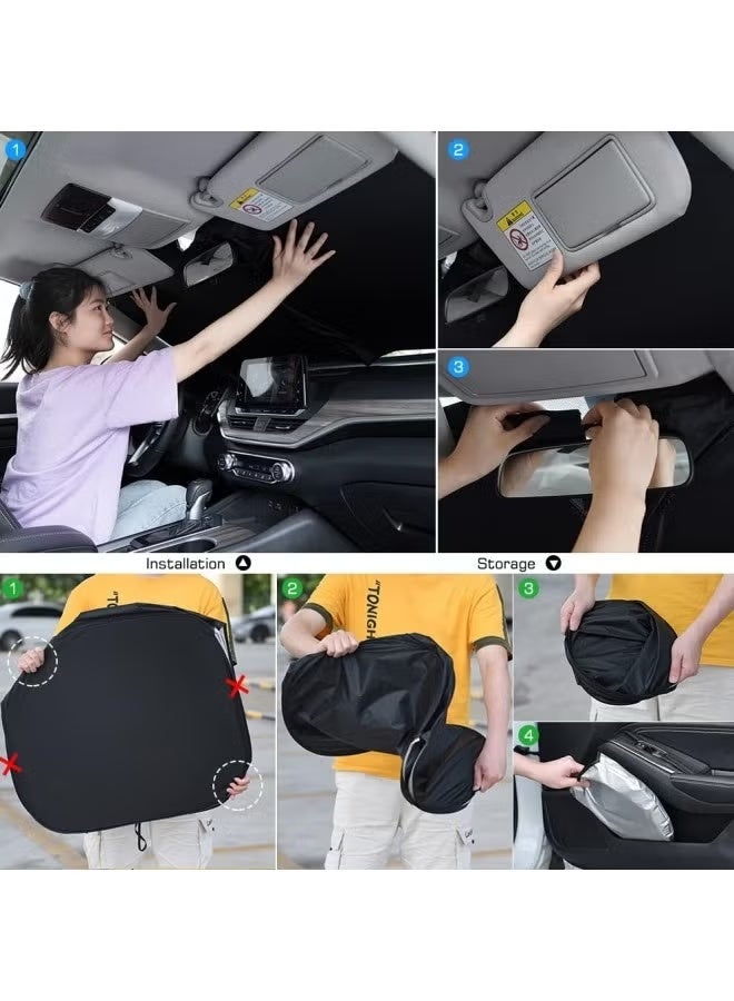 مظلة شمسية قابلة للطي للزجاج الأمامي للسيارة مع حقيبة تخزين، عاكسة للضوء، تحمي من حرارة الشمس والأشعة فوق البنفسجية، وتحافظ على برودة السيارة.  واقي أمامي - Image 5