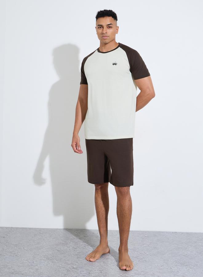 Styli Brown Color Block Raglan Sleeves T-Shirt and Shorts Pyjama Set - Image 1