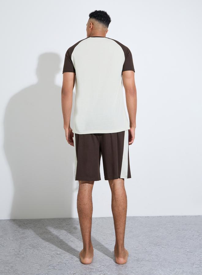 Styli Brown Color Block Raglan Sleeves T-Shirt and Shorts Pyjama Set - Image 3