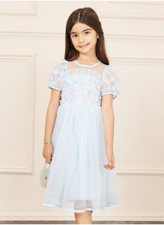 Styli Floral Applique Sequin Detail Mesh Layer Puff Sleeves Dress  - Image 2