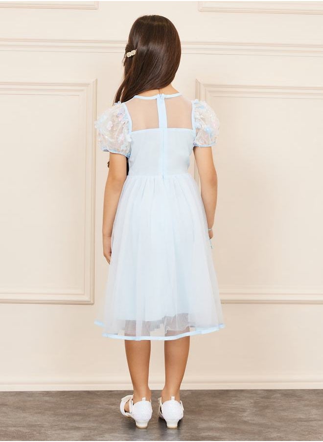 Styli Floral Applique Sequin Detail Mesh Layer Puff Sleeves Dress  - Image 4