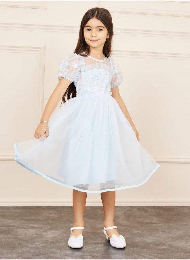 Styli Floral Applique Sequin Detail Mesh Layer Puff Sleeves Dress  - Image 1