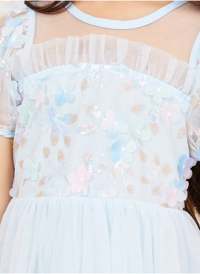 Styli Floral Applique Sequin Detail Mesh Layer Puff Sleeves Dress  - Image 3