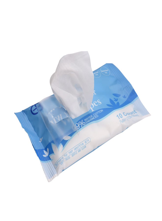 ١٠ مناديل قطنية مبللة، مناديل لليدين، مثالية للسفر، مناديل قطنية ناعمة وسميكة، مناديل مرطبة، عناية بالبشرة الحساسة - Image 1