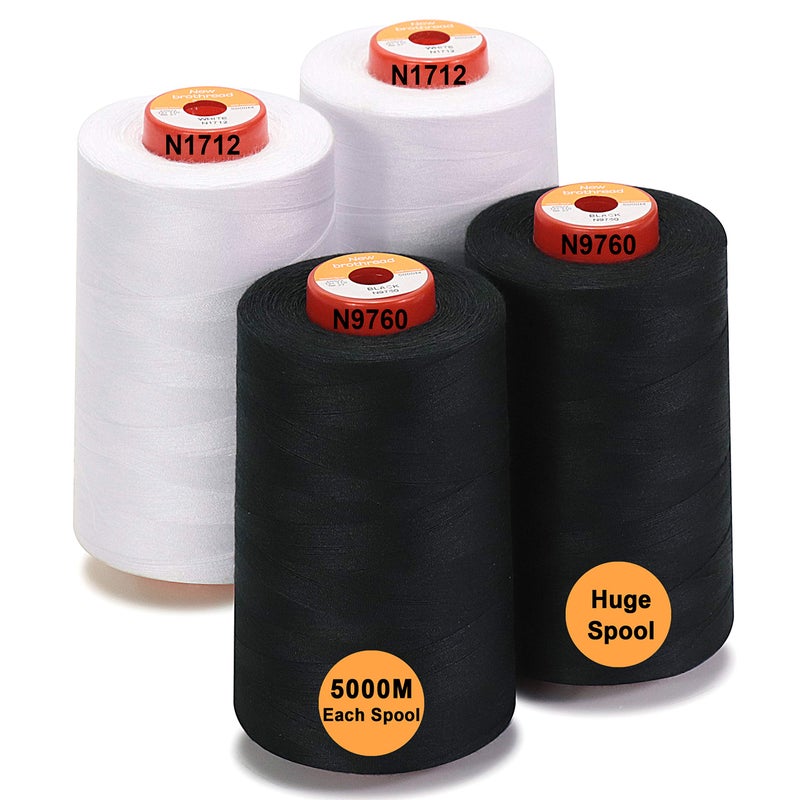 New brothread  30 Options  4 Large Cones of 5500Y 5000M Each All Purpose Spun Polyester Thread 40S2 Tex27 for Serger Overlock Quilting Piecing and Sewing  2 White  2 Black