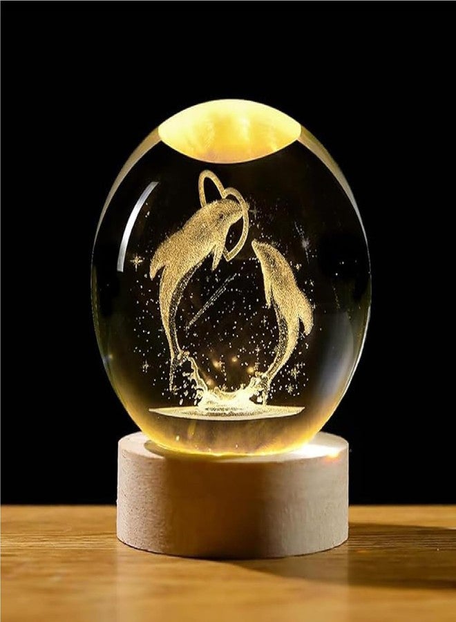 CRIYALE 3D Dolphin Love Crystal Ball Night Light for Kids Engraved Lamp with Wooden Base Fantasy Decoration LED Bedroom Décor USB Table Light for Love Romantic Home Office Birthday Gift (Dolphin Love) - Image 1