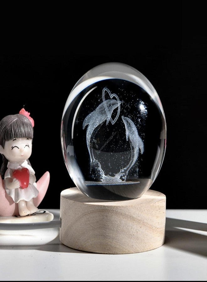 CRIYALE 3D Dolphin Love Crystal Ball Night Light for Kids Engraved Lamp with Wooden Base Fantasy Decoration LED Bedroom Décor USB Table Light for Love Romantic Home Office Birthday Gift (Dolphin Love) - Image 4