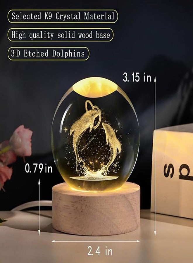 CRIYALE 3D Dolphin Love Crystal Ball Night Light for Kids Engraved Lamp with Wooden Base Fantasy Decoration LED Bedroom Décor USB Table Light for Love Romantic Home Office Birthday Gift (Dolphin Love) - Image 2