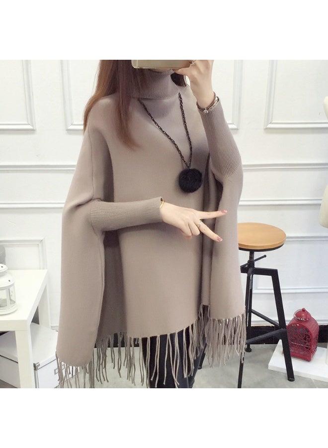 NIBEMINENT Autumn Knitted Long Bat Sleeves Korean Version Loose Sweater Tassel Poncho Overcoat Women High Neck Pullovers Knitwear - Image 1