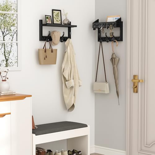 Evermagin 29" Coat Rack Wall Mount with Shelf, 4 in 1 Coat and Key Hanger with 11 Metal Hooks, Entryway Wall Mounted Shelf with Mail Holder for Living Room, Bedroom, Black - Image 2