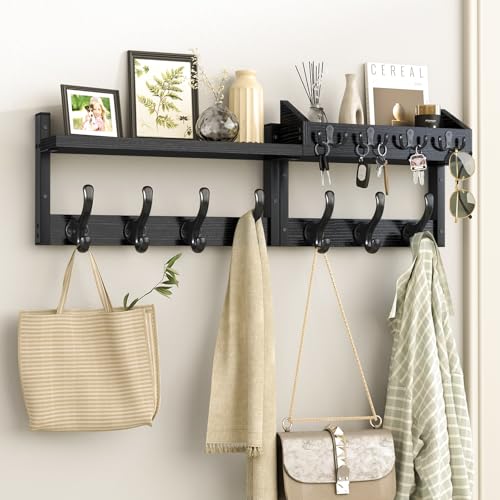 Evermagin 29" Coat Rack Wall Mount with Shelf, 4 in 1 Coat and Key Hanger with 11 Metal Hooks, Entryway Wall Mounted Shelf with Mail Holder for Living Room, Bedroom, Black - Image 1