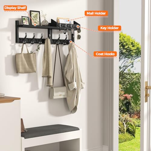 Evermagin 29" Coat Rack Wall Mount with Shelf, 4 in 1 Coat and Key Hanger with 11 Metal Hooks, Entryway Wall Mounted Shelf with Mail Holder for Living Room, Bedroom, Black - Image 4