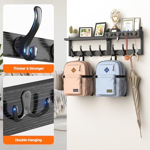 Evermagin 29" Coat Rack Wall Mount with Shelf, 4 in 1 Coat and Key Hanger with 11 Metal Hooks, Entryway Wall Mounted Shelf with Mail Holder for Living Room, Bedroom, Black - Image 5