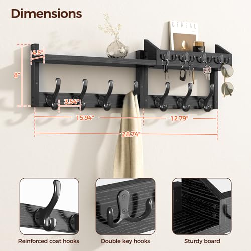 Evermagin 29" Coat Rack Wall Mount with Shelf, 4 in 1 Coat and Key Hanger with 11 Metal Hooks, Entryway Wall Mounted Shelf with Mail Holder for Living Room, Bedroom, Black - Image 3