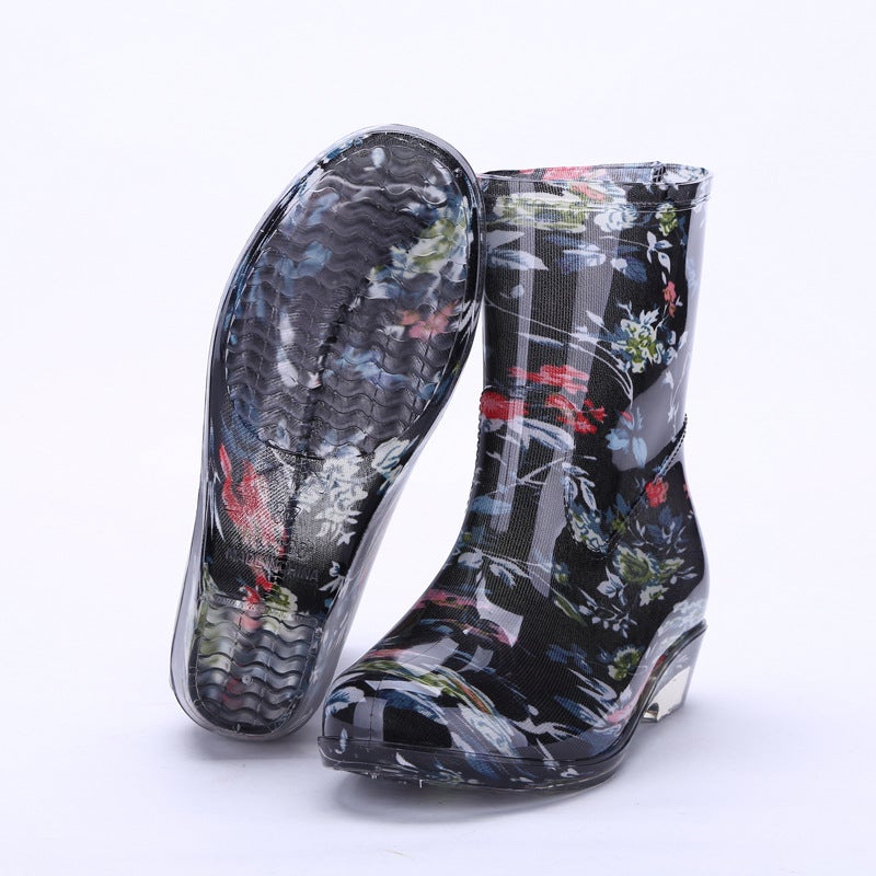 Korean Style Fleece-lined Mid-barrel Fashion Rain Boots Womens Outerwear New Fashionable Crystal Work Womens Rain Boots203 pattern Black 203 pattern Black 
