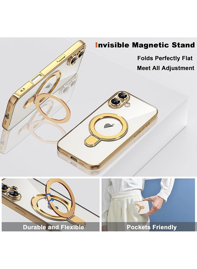 Compatible with iPhone 16 Case with Invisible Magnetic Ring Stand Compatible with MagSafe Full Camera Lens Protector Plating Clear Phone Case for iPhone 16 6.1", Gold - Image 5