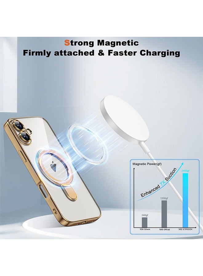 Compatible with iPhone 16 Case with Invisible Magnetic Ring Stand Compatible with MagSafe Full Camera Lens Protector Plating Clear Phone Case for iPhone 16 6.1", Gold - Image 4