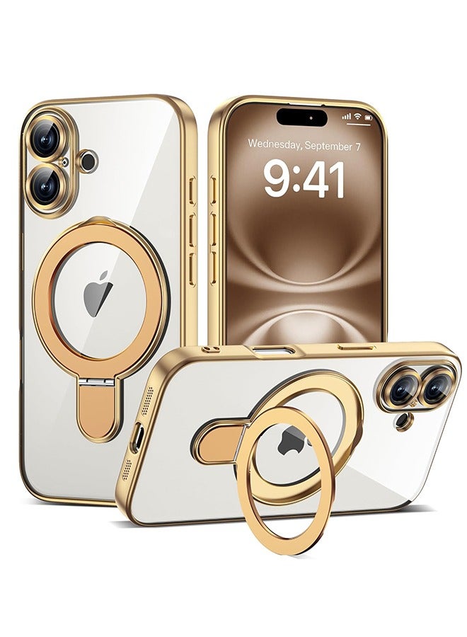 Compatible with iPhone 16 Case with Invisible Magnetic Ring Stand Compatible with MagSafe Full Camera Lens Protector Plating Clear Phone Case for iPhone 16 6.1", Gold - Image 1