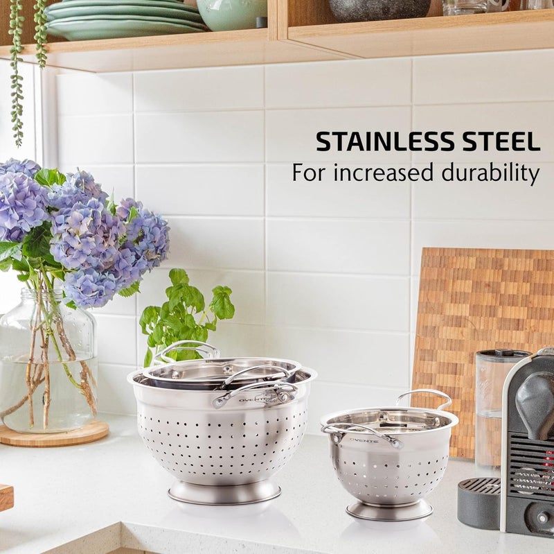 Ovente Premium Stainless Steel Colander Set Of 3 With Comfortable Large Handles  1.5  3  5 Quarts Essential Kitchen Strainer For Draining Spaghetti Pasta  Rinsing Vegetables Or Fruits  Silver C46263S - Image 2