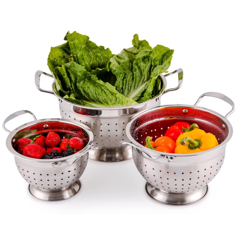 Ovente Premium Stainless Steel Colander Set Of 3 With Comfortable Large Handles  1.5  3  5 Quarts Essential Kitchen Strainer For Draining Spaghetti Pasta  Rinsing Vegetables Or Fruits  Silver C46263S - Image 1