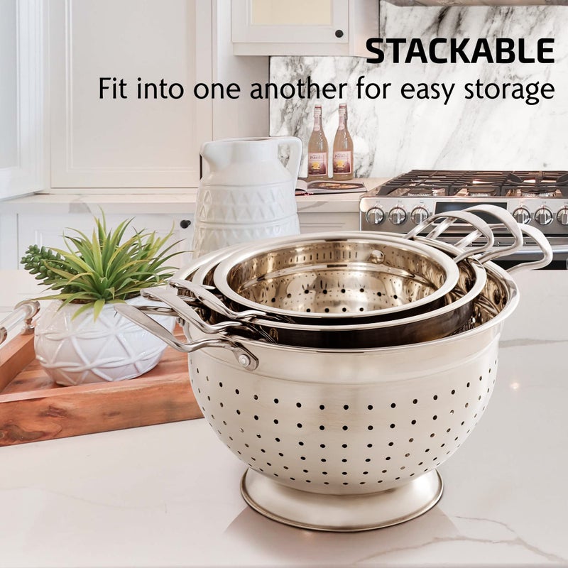 Ovente Premium Stainless Steel Colander Set Of 3 With Comfortable Large Handles  1.5  3  5 Quarts Essential Kitchen Strainer For Draining Spaghetti Pasta  Rinsing Vegetables Or Fruits  Silver C46263S - Image 4