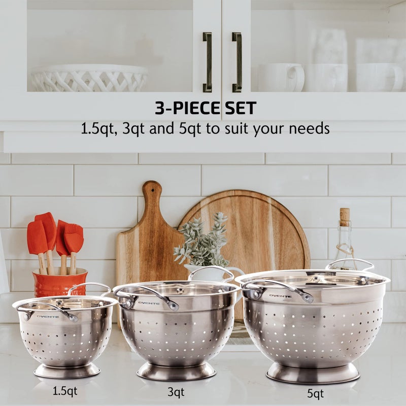 Ovente Premium Stainless Steel Colander Set Of 3 With Comfortable Large Handles  1.5  3  5 Quarts Essential Kitchen Strainer For Draining Spaghetti Pasta  Rinsing Vegetables Or Fruits  Silver C46263S - Image 3