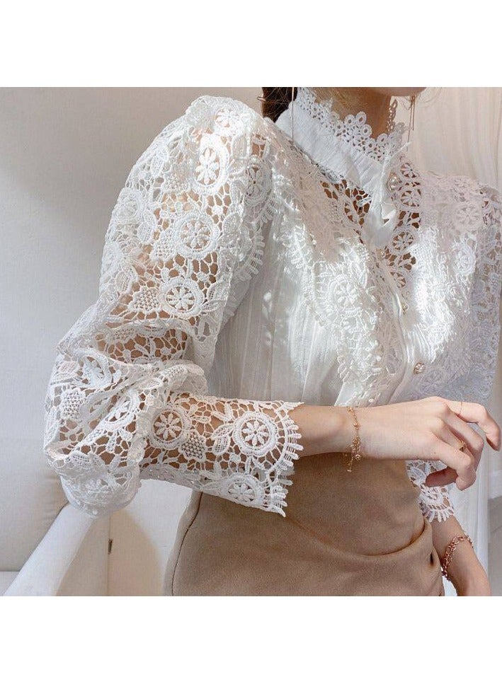 NIBEMINENT Women's Blouse Lace Puff Sleeve Lantern Sleeve Solid Pleated Women Blouse - Image 1