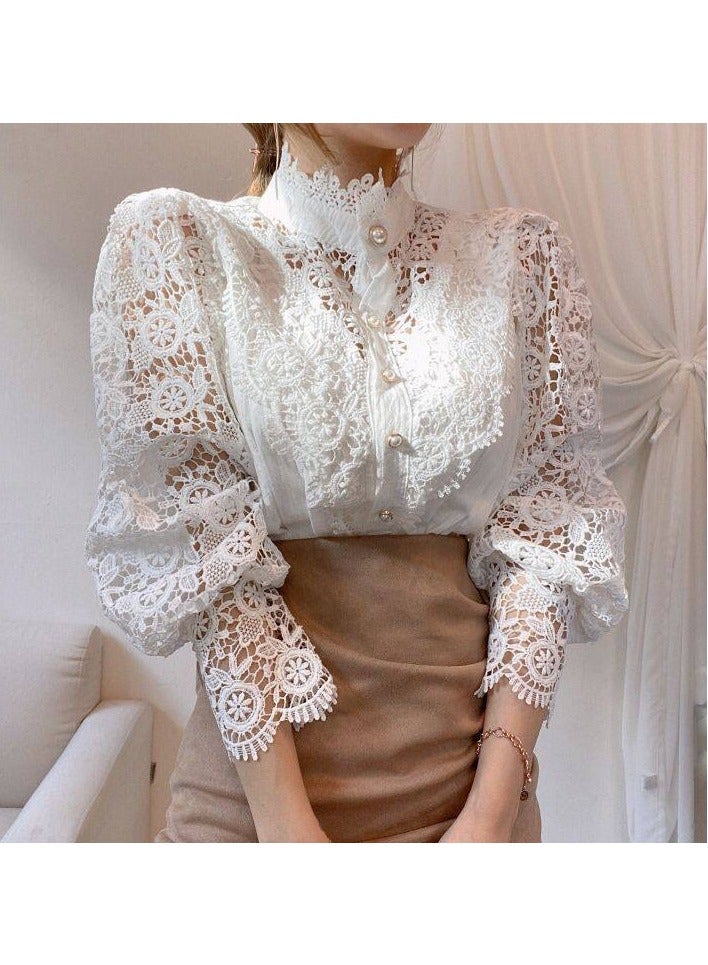 NIBEMINENT Women's Blouse Lace Puff Sleeve Lantern Sleeve Solid Pleated Women Blouse - Image 4
