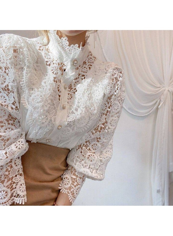 NIBEMINENT Women's Blouse Lace Puff Sleeve Lantern Sleeve Solid Pleated Women Blouse - Image 3