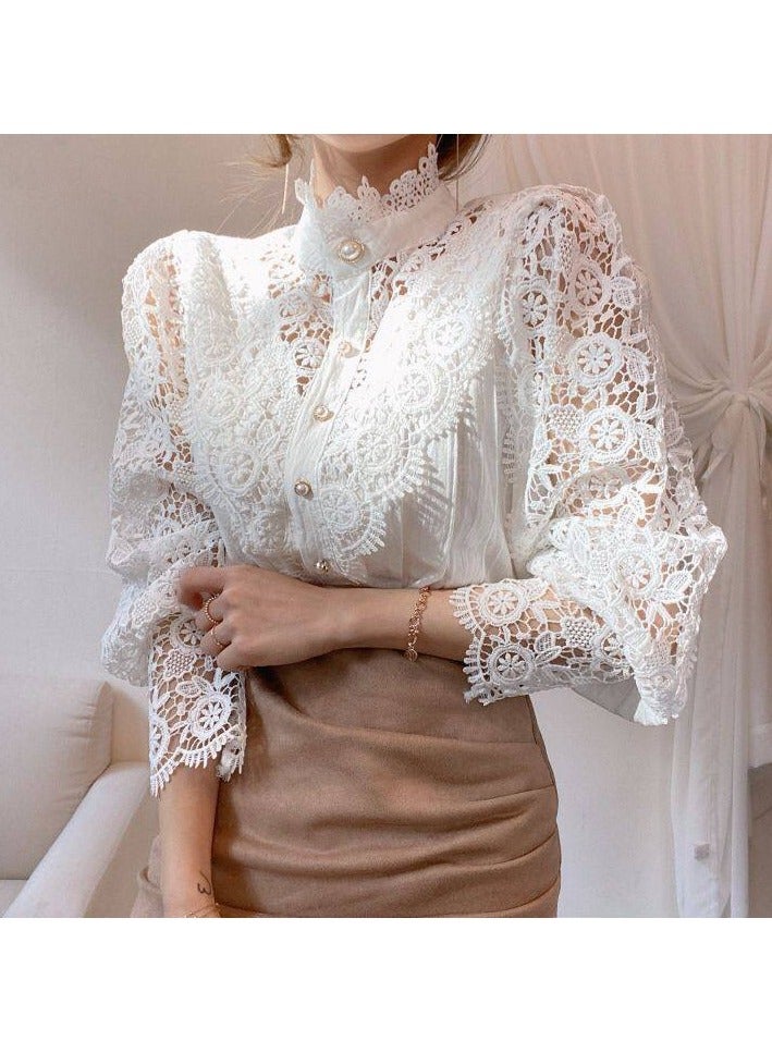 NIBEMINENT Women's Blouse Lace Puff Sleeve Lantern Sleeve Solid Pleated Women Blouse - Image 2