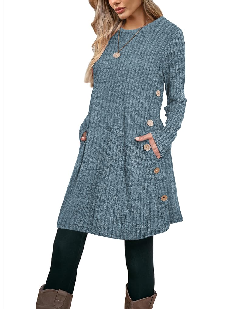 Poetsky Long Sleeve Swing Dress for Women Ribbed Flare Tunic Sweater Dresses Fall Spring Dresses 2026 Above Knee Blue M - Image 1